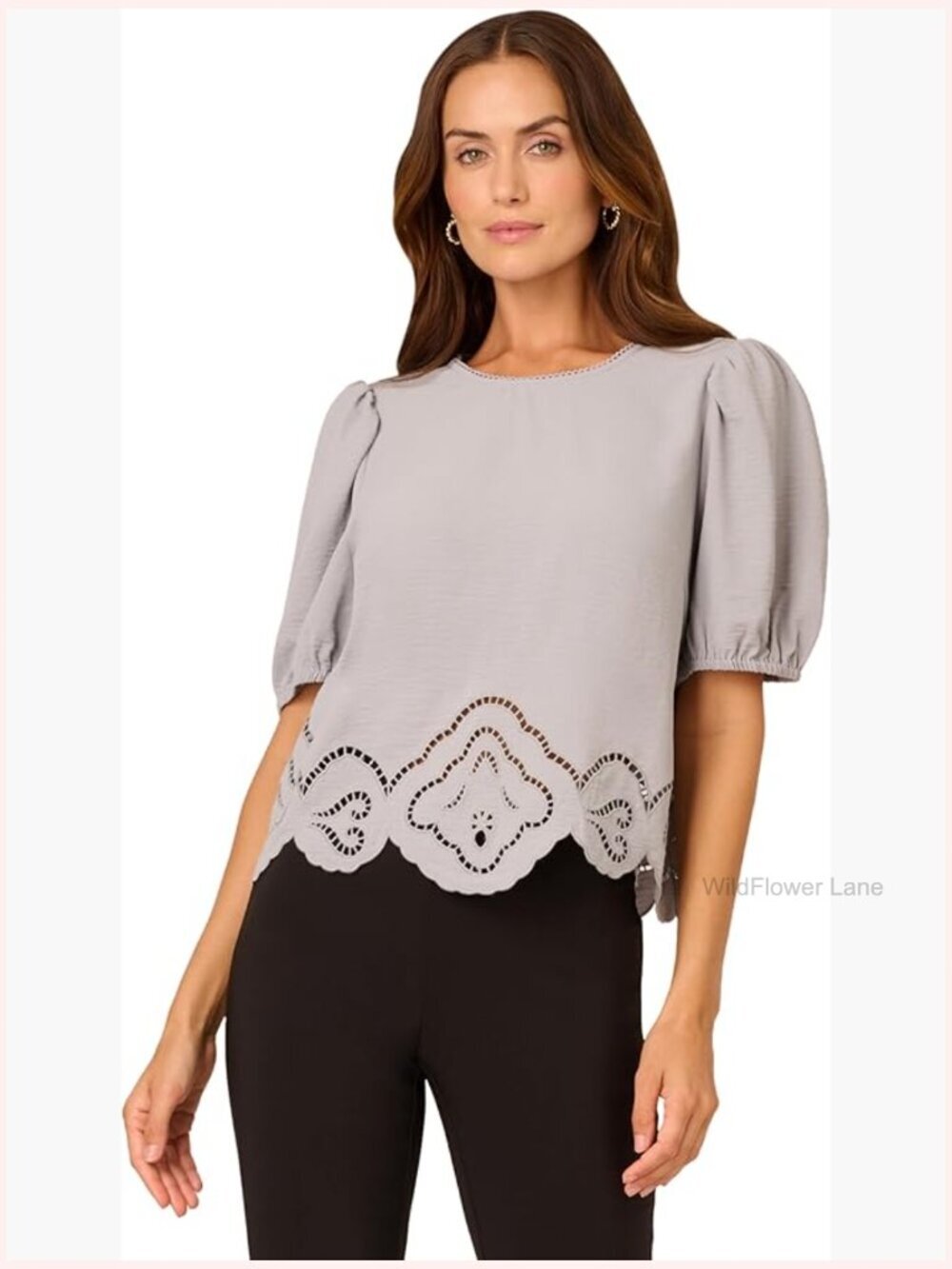 Eyelet Embroidered Woven Crop Top Puff Sleeve Peasant Blouse